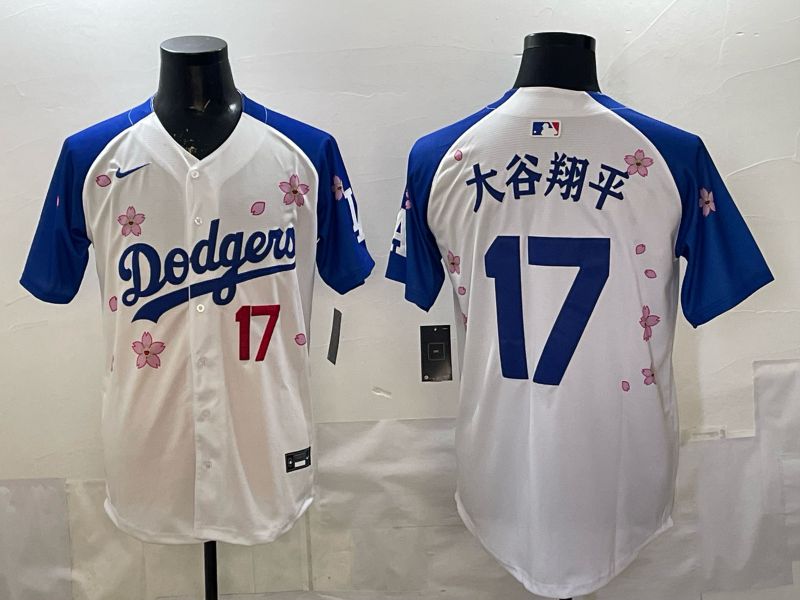Men Nike 2026 Los Angeles Dodgers #17 Ohtani White Blue Sakura Edition Game MLB Jersey 120811